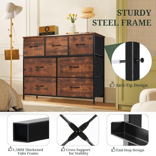 7-Drawer Dresser for Bedroom, Anti-Tip Wide Storage Organizer Fabric Chest of Drawers TV Stand for 45" TV with Wooden Top and Metal Frame for Closet, Living Room, Hallway, Entryway, Brown - color: Brown, size: 11.8"D x 39.3"W x 30.3"H (7 Drawers)