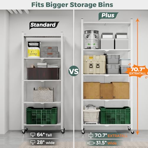 DEANIC 70.7" Tall Extra Large 5-Tier Folding Storage Shelf with Wheels, No Assembly Collapsible Metal Rack with Leveling Feet for Garage, Pantry, Basement, Vendor Display, Kitchen(White,1 Pack) - color: White
