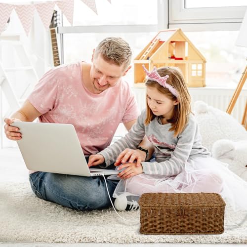 Cable Management Box, Desk Handwoven Rattan Cord Hider Cable Organizer Box With Lid Button Lock, Power Strip Cover Wicker Decorative Basket, Floor Wire Hiding Extension Cord Box (dark brown) - color: Brown