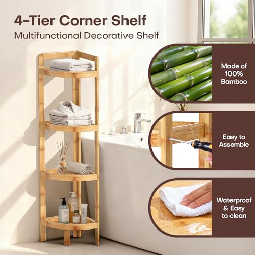 2026 New Bamboo Standing Shelf, 4 Tier Corner Shelf Stand, Free-Standing Shelf Units, Triangular Curved Corner Shelf Stand for Space-Saving Display Ideal for Bathroom/Kitchen/Living Room Storage - size: 4-Tier