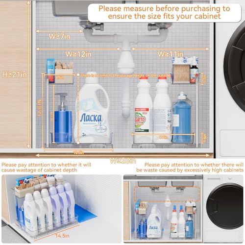Yieach 2 Pack Under Sink Organizer,14.5″ Deep Sliding Inder Sink Organizer for Kitchen and Bathroom Under the Sink Organizer,2 Tier Undersink Organizers for Vanity,Under Counter Storage Organization - size: 12.8 In High