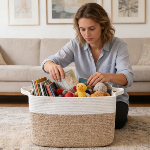 96L Large Blanket Basket,24"x16"x15"Rectangle Storage Bin with Handles,Woven Rope Laundry Basket for Toys, Clothes,Magazines,Home Organization,Nursery,Living Room & Bedroom,White & Brown - color: White & Brown, size: 24"x16"x15"(96L)