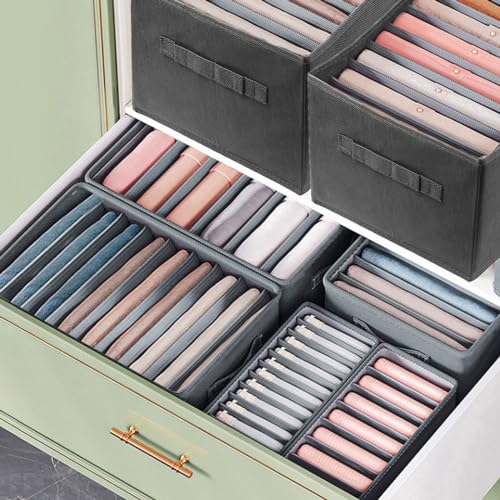 Ohlove 4Pcs Large Wardrobe Clothes Organizer, 6/9 Grids Foldable Jeans Closet Drawer Organizer Storage Box with Handles for Pants, T-shirts, Sweater, Scarves, Bras (17.3"x11.8"x7.9")