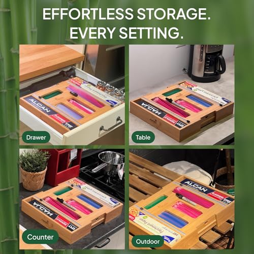 6 IN 1 Bamboo Baggie Organizer for Drawer with Labels, Expandable Storage Bag Organizer with Aluminum Foil and Saran Wrap Cutter Compatible with Quart, Gallon, Sandwich and Snack Size Bags