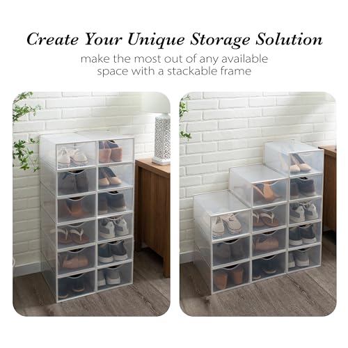 Simplify Set of 12 Stackable Shoe Boxes | Customizable | Fits Size 11 Shoes | Drop Front Design | Closet Storage | Sneakers | Heels | Clear and White - color: White