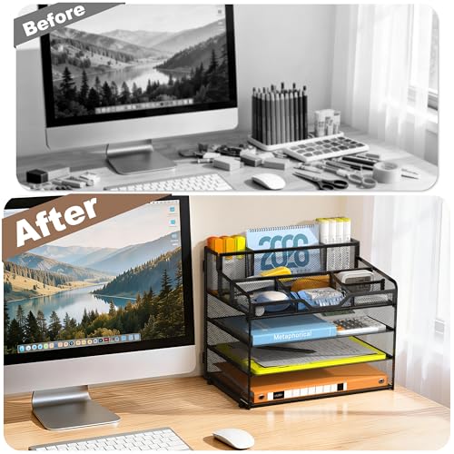 Docnest 4 Tier Mesh Desk Organizer, Multi-Functional Paper Letter Tray with 5 Adjustable Compartments & 3 Pen Holders - Space-Saving Desktop Storage for Office Files, Mail, Stationery - Black - color: Black, size: 4 Tier
