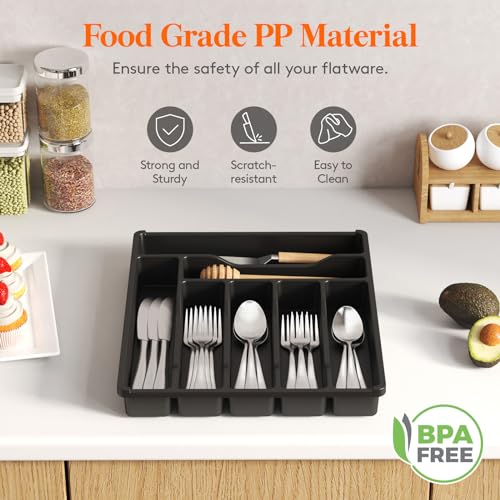 Lifewit Silverware Drawer Organizer Tray, Plastic Cutlery Storage for Kitchen, Flatware and Utensil Holder Divider for Spoons Forks Knives Tableware, 12.3 x 14.2", 7 Slots, Black - color: Black, size: 12.3 x 14.2 inch (7 Slots)