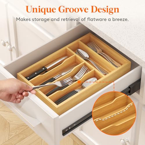 Lifewit Silverware Drawer Organizer, Utensil Tray for Kitchen, Flatware and Cutlery Holder, Storage for Spoons Forks Knives, 25 x 39cm, Natural - size: 9.9''W x 15.5''D