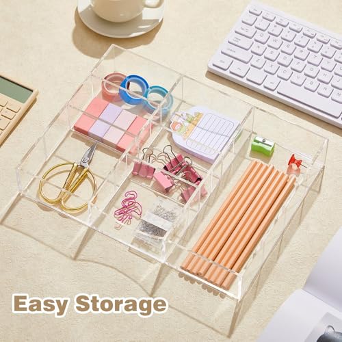 Briwooody Acrylic Drawer Organizer Clear Desk Drawer Organizer Trays with Adjustable Compartments Desk Accessories for Office Stationery Makeup Silverware Bathroom (Non Expandable) - style: Non Expandable