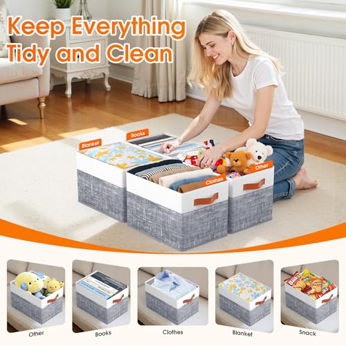 Fab totes Collapsible Storage Baskets for Shelves,14"x10", 6 Pack Foldable Fabric Storage Bins with Double Leather Handles, Large Baskets for Organizing Books, Clothes, White & Grey - color: Grey, size: 6pack