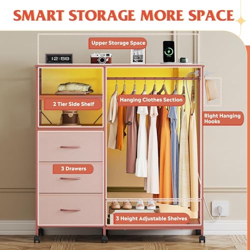 WLIVE Pink Dresser with Hanging Rack for Bedroom, 3 Drawer Dresser with LED Lights & Charging Station, Fabric Dressers & Chest of Drawers, Storage Organizer with Open Shelves for Living Room - color: Pink