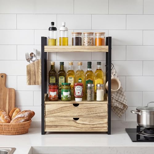 2-Tier Bathroom Counter Organizer with 2 Drawers, Basket and Hooks, Wood Bathroom Organizers and Storage for Countertop, Farmhouse Bathroom Countertop Organizer for Vanity, Kitchen, Coffee Bar, Office - color: Brown With 2 Drawers