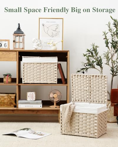 SETVSON Storage Basket with Lid Woven Wicker Baskets with 2 Separate Lid, 9.2 Gallon (35 L) Wicker Storage Bins with Handles, Foldable and 2 Removable Liner Bags for Bedroom, Laundry Room Light Khaki - color: Light Khaki, size: 35L-15.7L*11.8W*11.8H