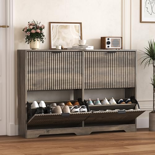 HUANLEGO Shoe Cabinet Storage for Entryway with 4 Flip Drawers, Grey Fluted Shoe Cabinet with Adjustable Shelves, Wooden Hidden Shoes Rack Freestanding Narrow Slim Shoes Storage for Hallway, Entrance - color: Grey, size: 4 Drawer without Bench