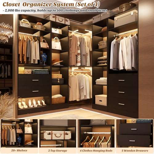 Besiost Corner Closet System with 5 Drawers, Closet Organizer System with 15+Shelvess & 4 Hanging Rods, 63.2"L * 63.2"W / 87.2"L * 39.2"W Reversible L Shaped Walk-in Closets, Load 2500+LBS, Black - color: Black, size: 63.2" * 63.2"