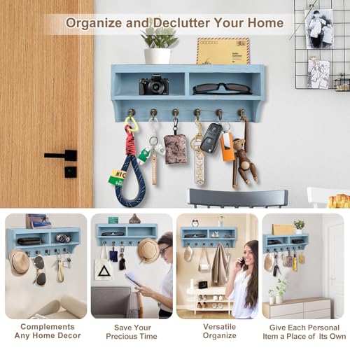 Key Holder Wall Mount - Mail Organizer Wall Mount with 6 Key Hooks and Storage Box for Sunglasses Storage and Dog Leash Holder Home Decor Rack Apartment Farmhouse Shelf Entryway Organizer (Blue) - color: Blue