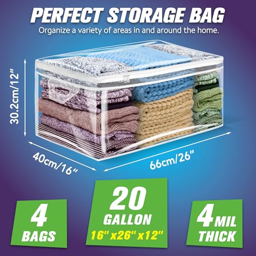 HIBAG 20 Gallon Large Storage Bag for Clothes, Zipper Clothing Storage Bag, Clear Organizer with Reinforced Handles, for Comforters Blankets Pillows Bedding (4 Pack) - size: 20 gal Clear - 4 pack