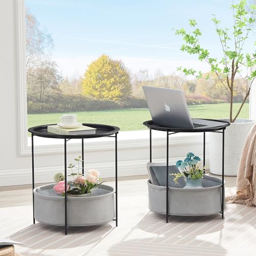 VECELO Round Side/End Table with Fabric Storage Basket，Metal Anti-Rust and Waterproof Small Bedside Nightstand with Removable Tray Top for Living Room，Balcony & Laundry，Black /1pcs with Basket - color: Black, size: 1 PCS with Basket