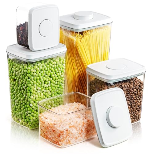 Airtight Food Storage Containers, 5 PCS Clear Pantry Organizers, BPA-Free Stackable Canisters with Measurement Marks for Cereal, Flour, Sugar & Dry Food - One-Hand Operation - color: 5 Pcs Assorted Container Set