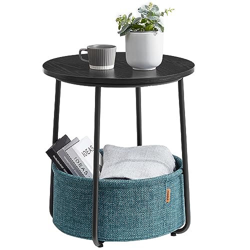 VASAGLE LILEA Collection - Small Round Side End Table, Modern Nightstand with Fabric Basket, Ebony Black and Turquoise Blue ULET223B56 - color: Ebony Black + Turquoise Blue, size: Round + 1 pack