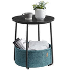 VASAGLE LILEA Collection - Small Round Side End Table, Modern Nightstand with Fabric Basket, Ebony Black and Turquoise Blue ULET223B56 - color: Ebony Black + Turquoise Blue, size: Round + 1 pack