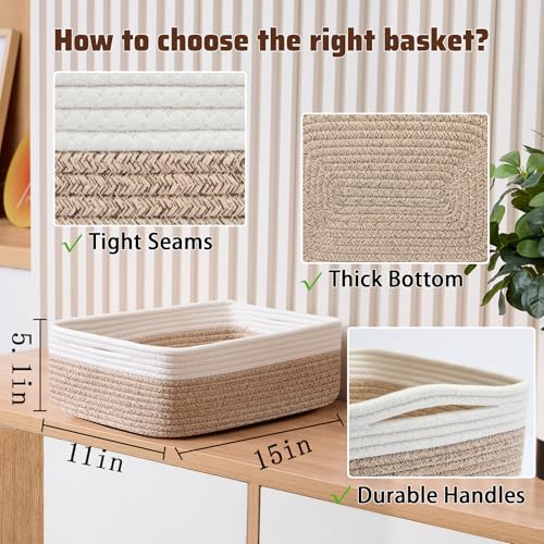 MiniArk Large Shallow Organizing Baskets 15x11x5.1 Inches - Rope Woven Storage Bins for Bathroom, Shelves, Cube Closet, White Mixed Brown 2 Packs - color: Off White & Mixed Brown, size: 2pcs-L15×W11×H5.1"