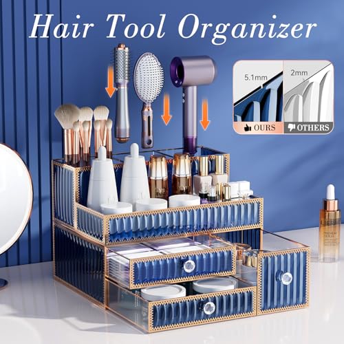 Makeup Organizer Blue - Tempered Glass Vanity Organizer for Cosmetics, Skincare, Hair Tools, Brushes, Perfume - Multipurpose Bathroom Counter Skincare Organizer - color: blue