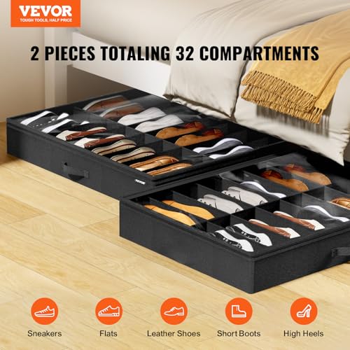 VEVOR Under Bed Shoe Storage Organizer, Set of 2, Total 32 Compartments, Underbed Shoes Closet Storage Solution with Clear Window, Breathable, Foldable Fabric Container Box with Reinforced Handles - color: Black, size: 31.5"L x 23.6"W x 5.9"H
