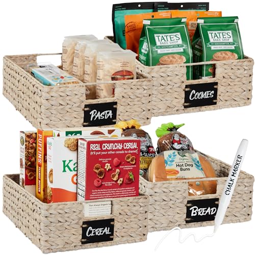 Best Choice Products Set of 4 16x12in Large Water Hyacinth Pantry Baskets, Woven Organizers w/Chalkboard Label, Chalk Marker - White - color: White, size: 12x16x5in