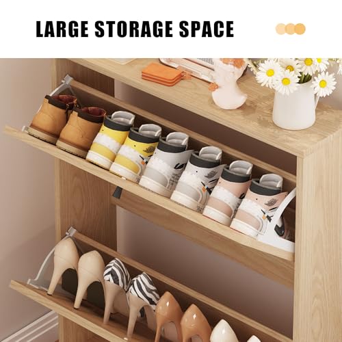 AVZEAR Narrow Shoe Storage Cabinet for Entryway with Natural Linen Panel, Freestanding Slim Shoe Cabinet with 2 Flip Drawers, Wood Shoe Organizer Closed Shoe Rack for Hallway, Living Room(Natural) - color: Natural, size: 2 Drawers Single Layer