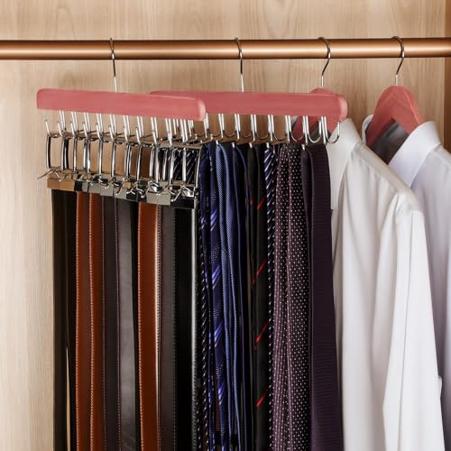 TOPIA HANGER Cedar 2 Pack 2 in 1 Belt Tie Hanger for Closet Max 60 Belts with 60 Ties Capacity, 20 Hooks Belt Tie Racks Hanger for Closet Organizer Storage Curved Fit Belt and Flat Fit Tie - CT60C - color: Cedar-2 Pack