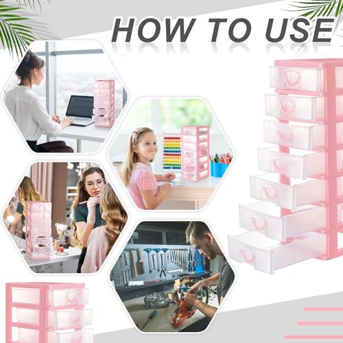 Thyle 2 Pcs Plastic Drawers Organizer Mini Organizer Stackable Plastic Clear Drawer Storage Box Containers Storage Units for Desktop Classroom Craft 6.7 x 4.9 x 13.4 inches(Pink) - color: Pink