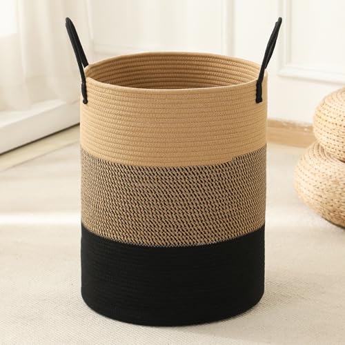 Laundry Basket Hamper Tall Rope Storage Woven for Blanket toys Dirty Clothes in Living Room Bathroom Bedroom (Jute Brown & Black, 60L/15.8Gal) - color: Jute Brown & Black, size: 60L/15.8Gal