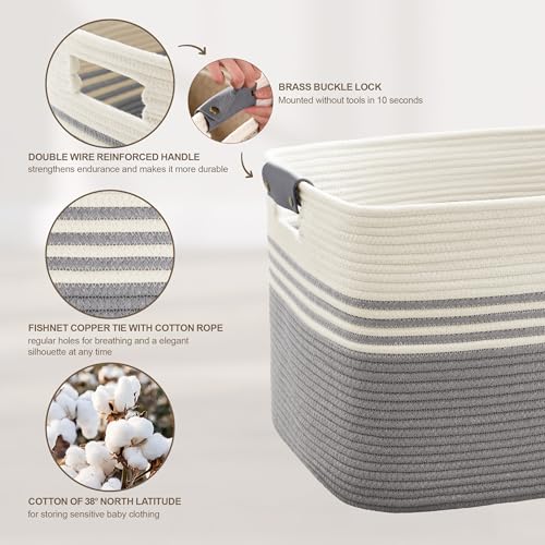 72L Large Laundry Basket with Leather Handles for Living Room Storage, Woven Rope Baskets Bin for Blanket, Kids Toy, Gifts, Wicker Hamper for Bedroom Dirty Clothes, 22"x17"x12" White Grey - color: Grey, size: 72L