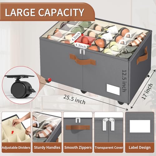 Foyego Shoe Organizer for Closet, Shoe Storage Organizer with Wheels and Adjustable Dividers, Stackable Shoe Storage Box with Clear Cover, Foldable Closet Shoe Organizer Fits up to 24-48 Pairs, Gray - color: Gray, size: 25 ½"L x 17"W x 12 ½"H