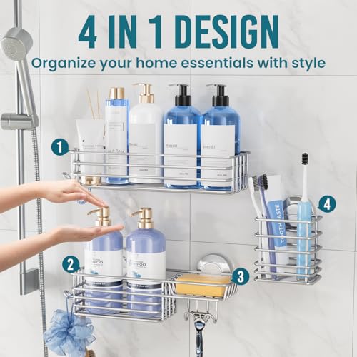 TAILI Shower Caddy Suction Cup, 3 Pack Shelves for Inside with Hooks & Soap holder Toothbrush Cups, Removable Bathroom Organizer, Rustproof Silver Holder Storage-Silver - style: 3×Silver