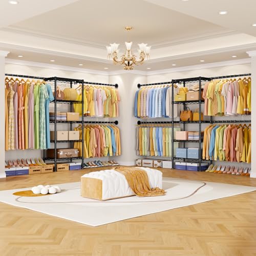 Ulif M2 Wall Mounted Closet System, Clothes Rack Mounted onto the Wall with 4 Expandable Hanger Rods and 5 Metal Shelves, Clothing Organizer Storage in (70.8-102.3)" L x 14.5" D x 71.2" H, Black - color: Black, size: M2