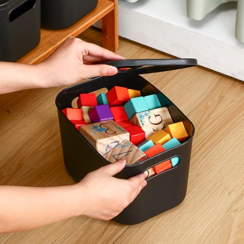 Hoolerry 8 Pieces Colorful Storage Bins with Lid, Plastic Storage Basket Organizing Container Stackable Box with Handle for Shelves Desktop Playroom Office(9.8 x 7.1 x 6.3 Inch,Black) - color: Black, size: 9.8 x 7.1 x 6.3 Inch