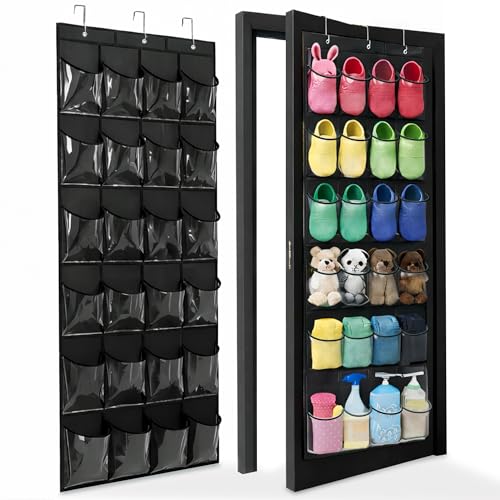 Over the Door Shoe Organizer - Space Saving Shoe Rack for Closet Door with 24 Crystal Clear Pockets and Metal Hooks, Shoe Holder Back of Door Organizers for Shoes, Hanging Shoe Organizer (Black) - color: Black, size: 1pc