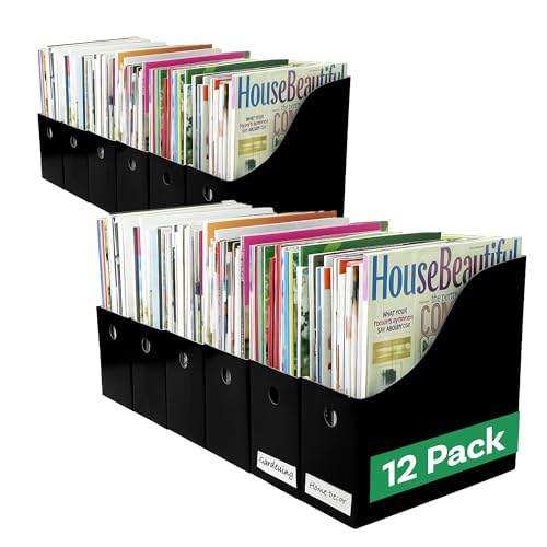 Evelots Magazine File Holder - Set of 12 Black - Office Desk Organizer - Sturdy Cardboard - New Upgraded Double Front Panel for More Stability - Full 4 Inch Wide - Easy Assemble - color: Black, size: Set of 12