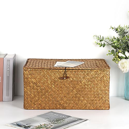 Hipiwe Wicker Shelf Baskets Bin with Lid, Handwoven Seagrass Basket Storage Bins Rectangular Household Basket Boxes for Shelf Wardrobe Home Organizer, Caramel X-Large - color: Caramel, size: X-Large