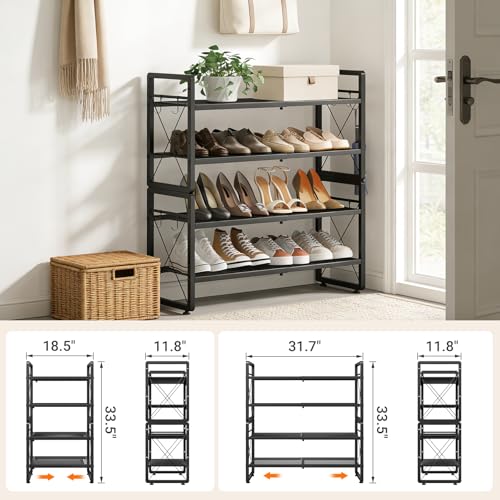 ELYKEN Shoe Rack, 4-Tier Expandable Shoe Organizer for Entryway, Metal Black Shoe Shelf with 4 Hooks, Adjustable Shoe Stand Holder for Closet, Garage, Door Entrance - size: 4-Tier
