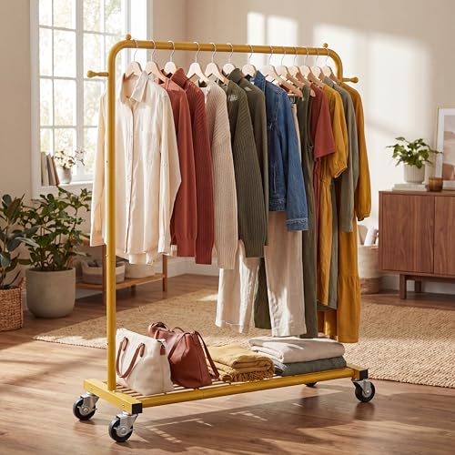 Sywhitta Clothing Rack on wheels, Clothes Rack with Bottom Mesh Storage Shelf,Sturdy Metal Frame,for Hanging Clothes,Coats,Skirts,39.76 "W x 16.06" D x 63.78" H,Gold Yellow - color: Gold Yellow