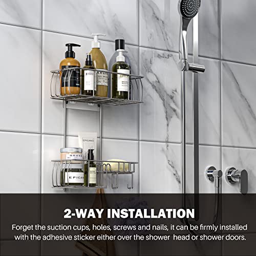 Epicano Anti-Swing Hanging Shower Caddy Stainless Steel 304, Over Head Shower Caddy Rustproof with hooks for Towels, Sponge and more, Chrome - color: Silver