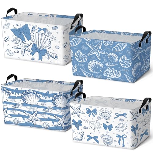 4 Pcs Coastal Beach Storage Basket Fabric Laundry Baskets with Handle Summer Ocean Blue Bow Foldable Organizer Boxes for Office Home Bedroom Baby Cloth Toy Book 15 x 10 x 8 - style: Summer Shell