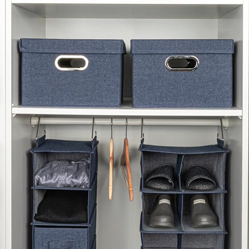 Household Essentials Collapsible Cotton Blend Storage Box with Lid and Metal Grommet Handle, Set of 2, Denim - color: Denim, size: 2 Count
