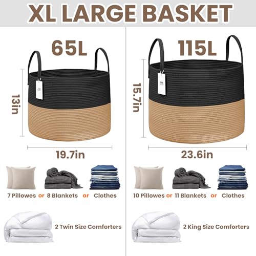 JMvicyroam 65L Extra Large Blanket Basket for Living Room - Woven Cotton Rope Laundry Hamper with Reinforced Handles - Storage Bin for Pillows, Comforters & Toys - Machine Washable,Black&Jute - color: Black&Jute, size: 65L