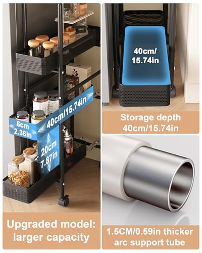 UMDONX Slim Storage Cart 4 Tier with Pull Out Basket Bathroom Organizer Rolling cart, Rolling Utility Cart Slide Out Organizer for Kitchen, Bathroom, Laundry Black - color: Black