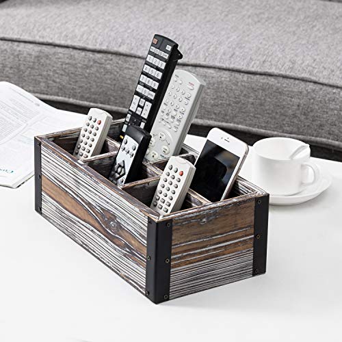 MyGift Remote Control Holder with 5-Compartment, Media Storage Organizer Remote Caddy with Black Metal Corner Wraps, for Table, Desk, Rustic Torched Wood - color: Torched Wood