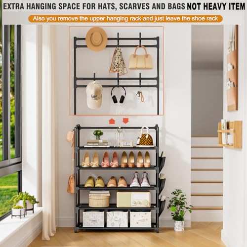OYREL Shoe Rack 5 Tier Shoe Organizer Storage 15-20 Pairs Shoes Rack for Closet Entrance Shoe Rack Organizer with Hooks and Side Pocket Entryway Shoe Holder Space Saving Free Standing Shoe Racks - color: Black, size: 5 Tier (23.6"Wx 61.4"H)